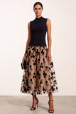 A-Line High Neck Black Floral Tulle Midi Holiday Party Dress