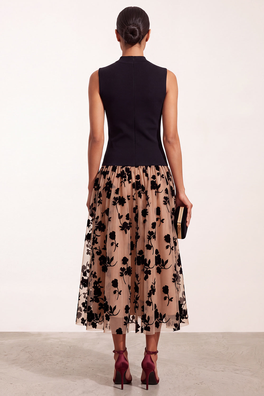 A-Line High Neck Black Floral Tulle Midi Holiday Party Dress