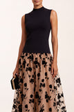 A-Line High Neck Black Floral Tulle Midi Holiday Party Dress