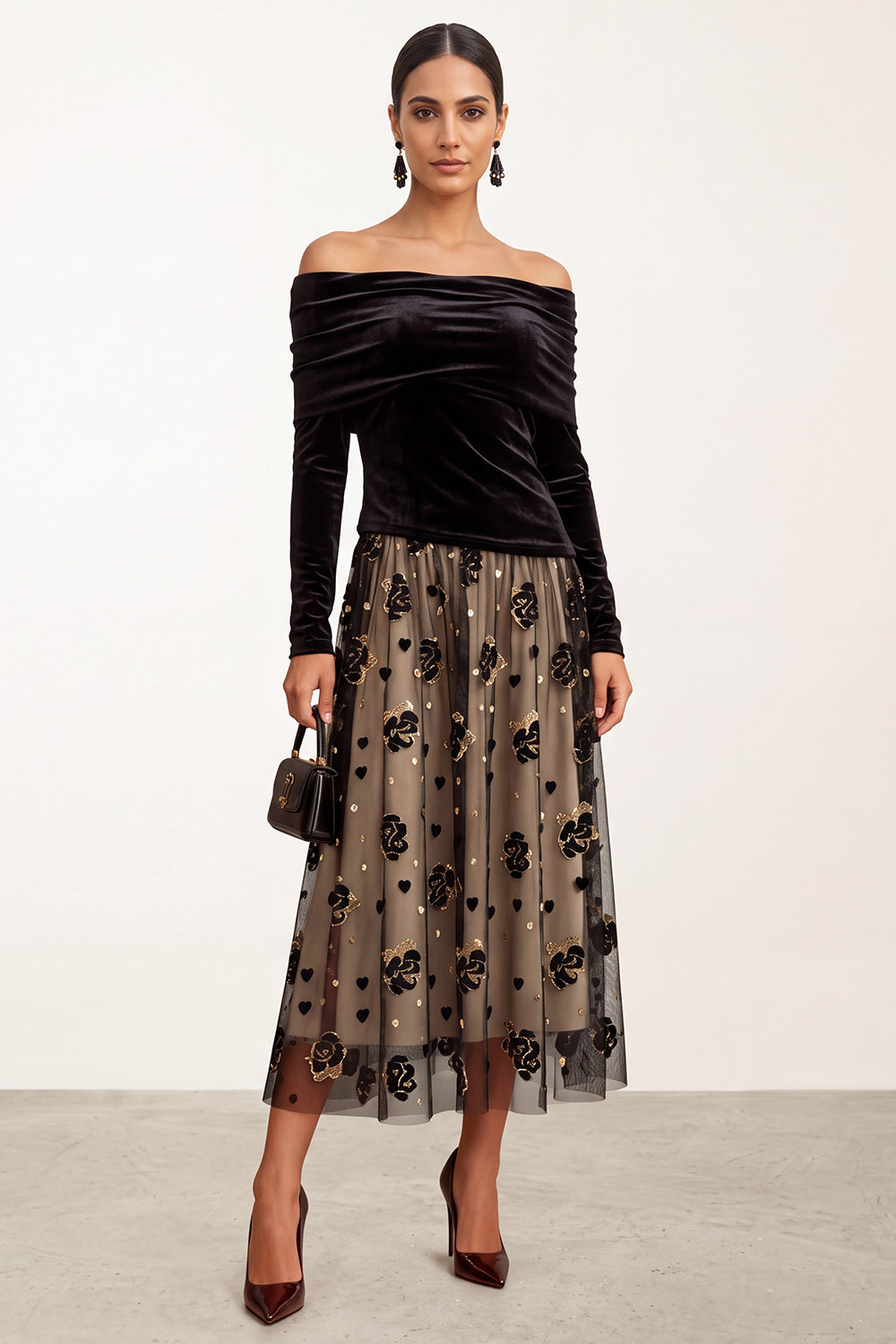 Black Champagne Floral A Line Velvet Ruched Midi Holiday Party Dress with Sleeves