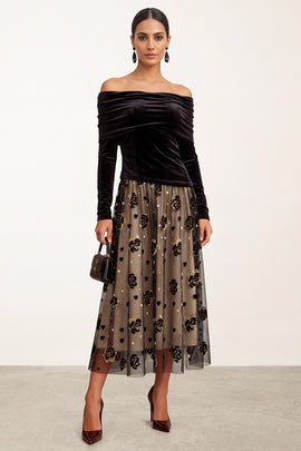 Black Champagne Floral A Line Velvet Ruched Midi Holiday Party Dress with Sleeves