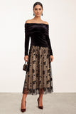 Black Champagne Floral A Line Velvet Ruched Midi Holiday Party Dress with Sleeves