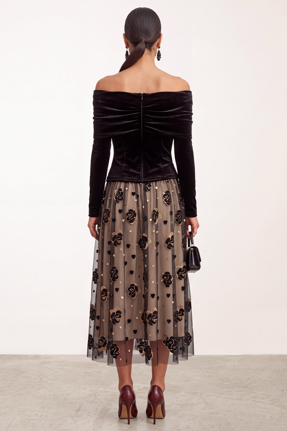 Black Champagne Floral A Line Velvet Ruched Midi Holiday Party Dress with Sleeves