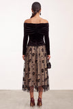 Black Champagne Floral A Line Velvet Ruched Midi Holiday Party Dress with Sleeves