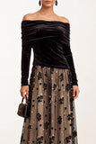 Black Champagne Floral A Line Velvet Ruched Midi Holiday Party Dress with Sleeves