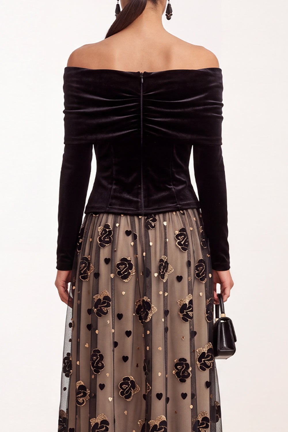 Black Champagne Floral A Line Velvet Ruched Midi Holiday Party Dress with Sleeves