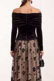 Black Champagne Floral A Line Velvet Ruched Midi Holiday Party Dress with Sleeves