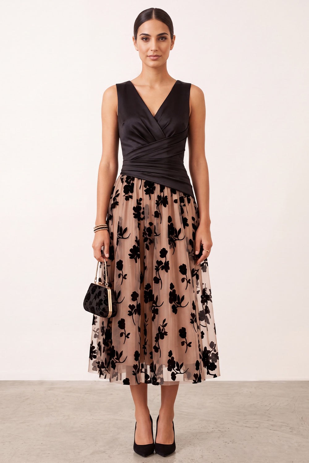 A-Line V-Neck Black Champagne Floral Ruched Satin Midi Holiday Party Dress