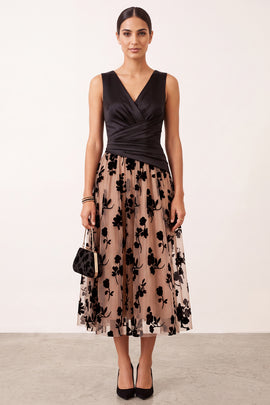 A-Line V-Neck Black Champagne Floral Ruched Satin Midi Holiday Party Dress
