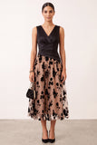 A-Line V-Neck Black Champagne Floral Ruched Satin Midi Holiday Party Dress