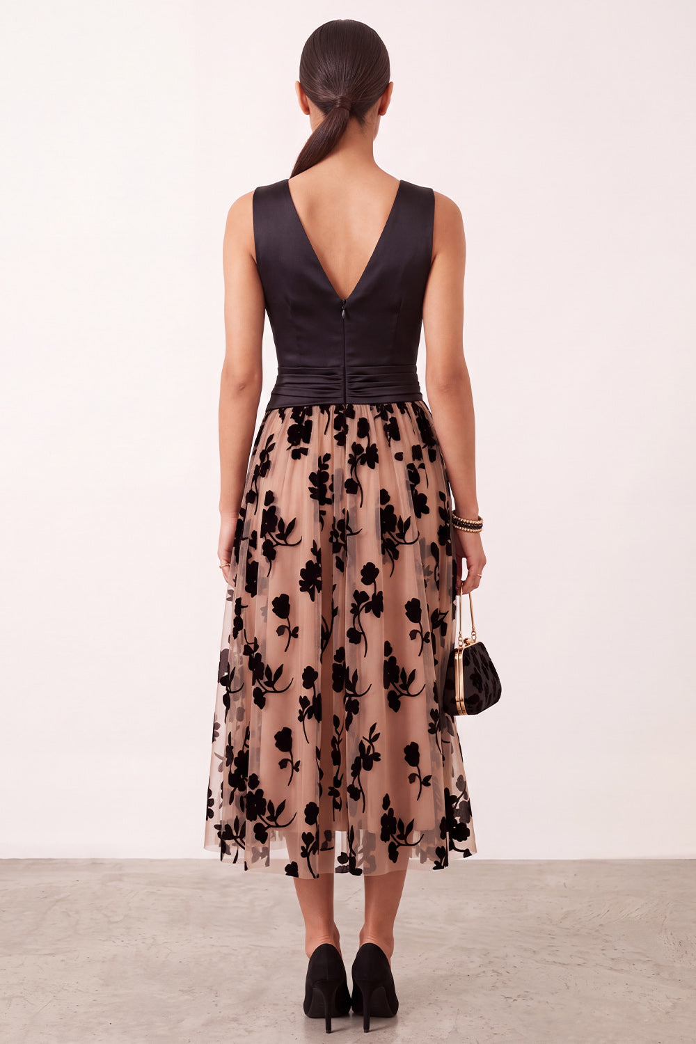 A-Line V-Neck Black Champagne Floral Ruched Satin Midi Holiday Party Dress