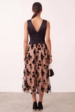 A-Line V-Neck Black Champagne Floral Ruched Satin Midi Holiday Party Dress