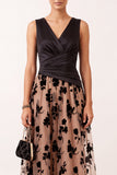 A-Line V-Neck Black Champagne Floral Ruched Satin Midi Holiday Party Dress