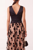 A-Line V-Neck Black Champagne Floral Ruched Satin Midi Holiday Party Dress