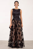 Black Ruched Floral Satin A-Line Bateau Neck Long Holiday Party Dress