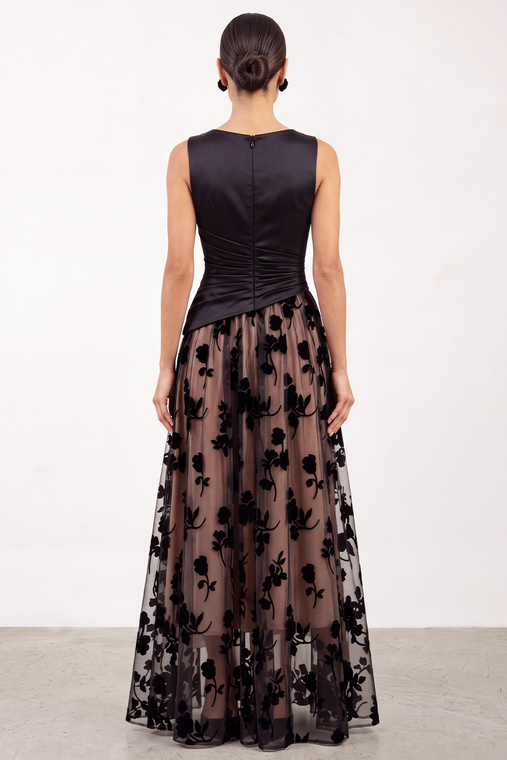 Black Ruched Floral Satin A-Line Bateau Neck Long Holiday Party Dress