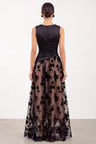 Black Ruched Floral Satin A-Line Bateau Neck Long Holiday Party Dress