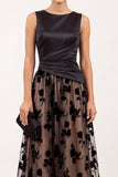 Black Ruched Floral Satin A-Line Bateau Neck Long Holiday Party Dress