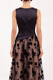 Black Ruched Floral Satin A-Line Bateau Neck Long Holiday Party Dress