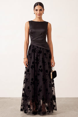 Black Ruched Floral Satin A-Line Bateau Neck Long Holiday Party Dress