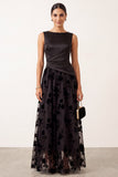 Black Ruched Floral Satin A-Line Bateau Neck Long Holiday Party Dress