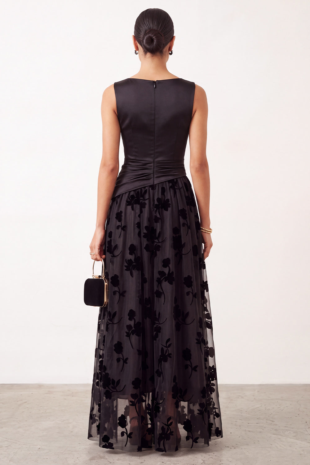 Black Ruched Floral Satin A-Line Bateau Neck Long Holiday Party Dress
