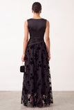 Black Ruched Floral Satin A-Line Bateau Neck Long Holiday Party Dress
