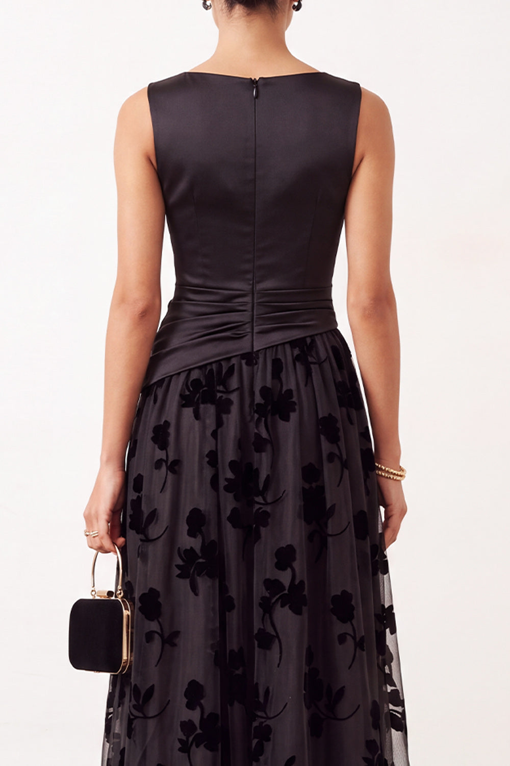 Black Ruched Floral Satin A-Line Bateau Neck Long Holiday Party Dress