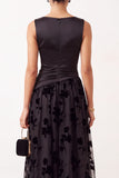 Black Ruched Floral Satin A-Line Bateau Neck Long Holiday Party Dress