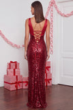 Sparkly Sequin Red Sheath V-Neck Long Holiday Party Dress
