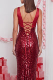 Sparkly Sequin Red Sheath V-Neck Long Holiday Party Dress