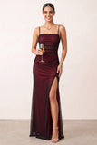Black Red Ruched Spaghetti Straps Long Holiday Party Dress with Slit