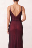 Black Red Ruched Spaghetti Straps Long Holiday Party Dress with Slit