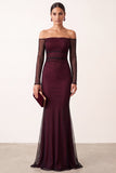 Mermaid Off the Shoulder Black Red Ruched Long Sleeves Holiday Party Dress