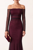Mermaid Off the Shoulder Black Red Ruched Long Sleeves Holiday Party Dress