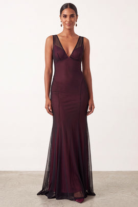 Mermaid V-Neck Black Red Tulle Long Holiday Party Dress