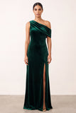 Sheath One Shoulder Dark Green Velvet Ruched Long Holiday Party Dress with Slit