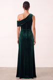 Sheath One Shoulder Dark Green Velvet Ruched Long Holiday Party Dress with Slit
