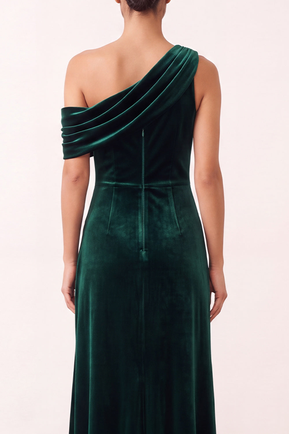 Sheath One Shoulder Dark Green Velvet Ruched Long Holiday Party Dress with Slit