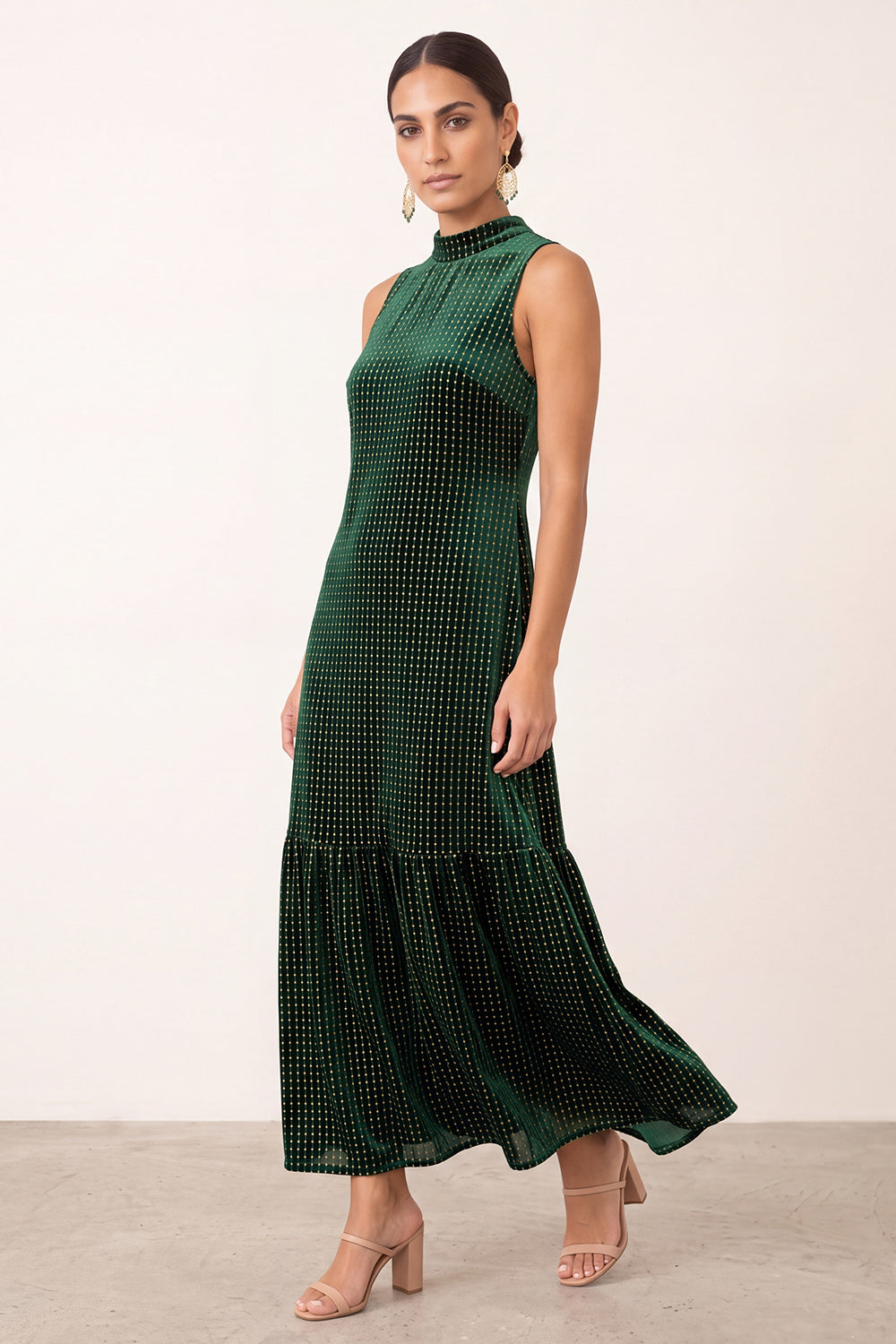 Dark Green Velvet Ruffled High Neck Sheath Maxi Holiday Party Dress