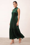 Dark Green Velvet Ruffled High Neck Sheath Maxi Holiday Party Dress