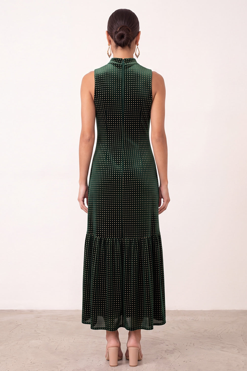 Dark Green Velvet Ruffled High Neck Sheath Maxi Holiday Party Dress