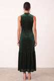 Dark Green Velvet Ruffled High Neck Sheath Maxi Holiday Party Dress