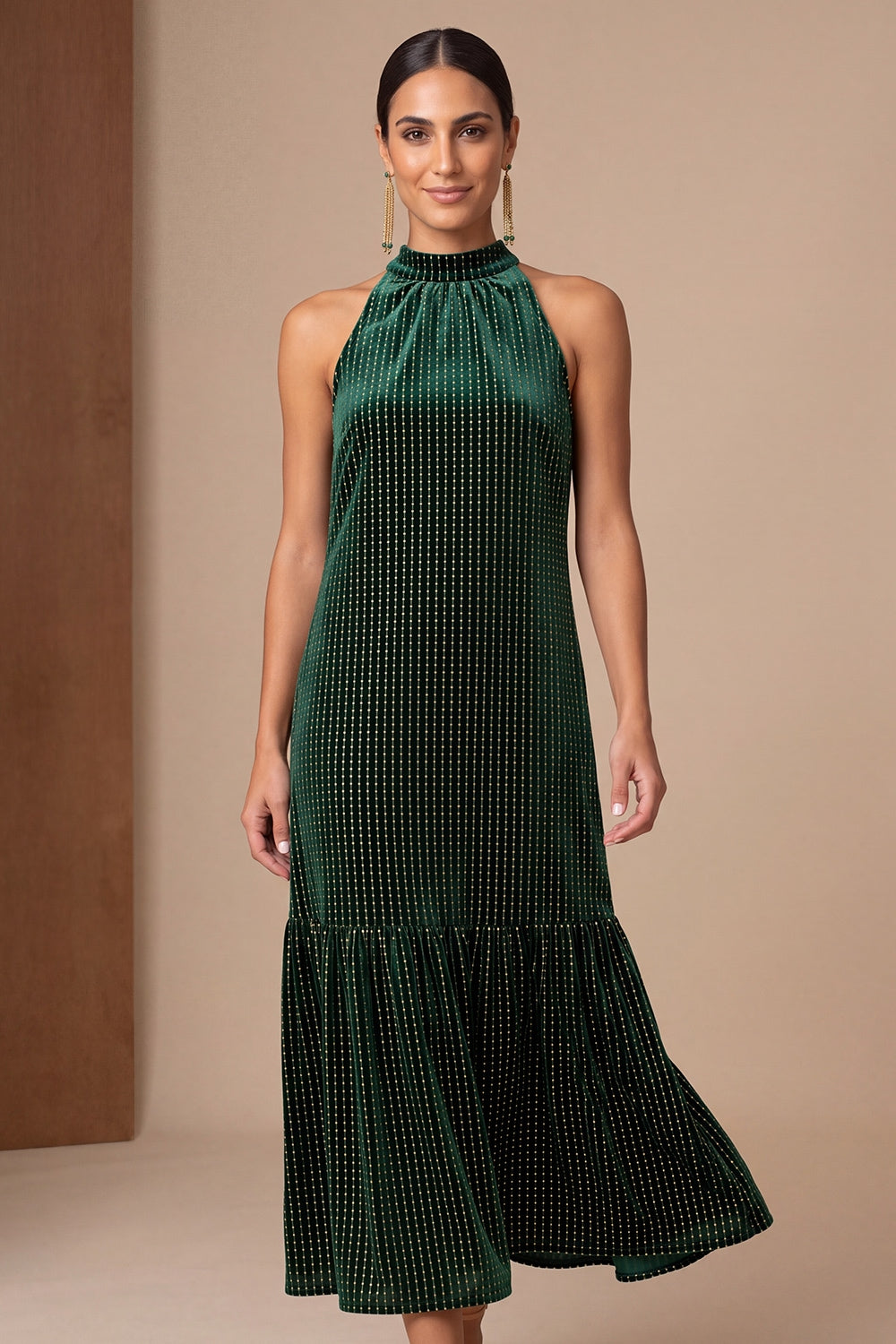 Dark Green Velvet Ruffled High Neck Sheath Maxi Holiday Party Dress