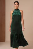 Dark Green Velvet Ruffled High Neck Sheath Maxi Holiday Party Dress