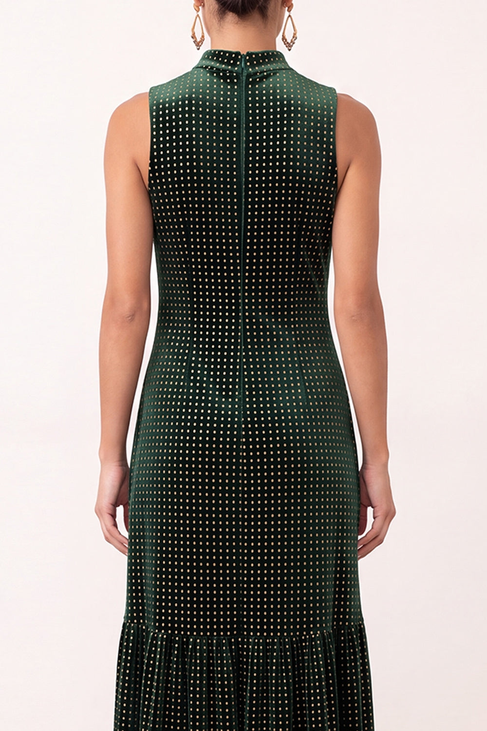 Dark Green Velvet Ruffled High Neck Sheath Maxi Holiday Party Dress