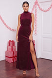 Burgundy Velvet Sheath High Neck Maxi Holiday Party Dress with Slit