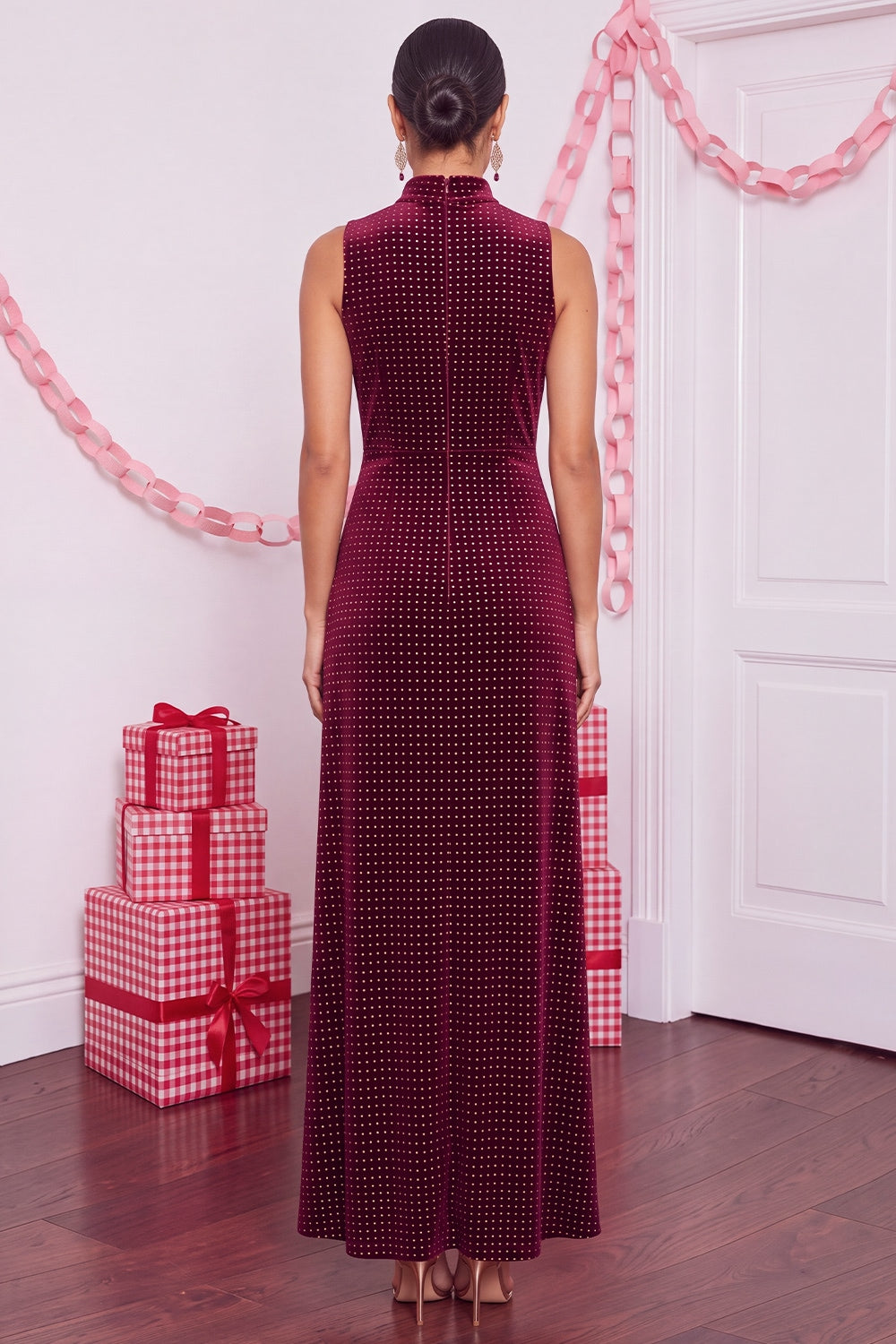 Burgundy Velvet Sheath High Neck Maxi Holiday Party Dress with Slit