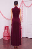 Burgundy Velvet Sheath High Neck Maxi Holiday Party Dress with Slit