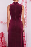 Burgundy Velvet Sheath High Neck Maxi Holiday Party Dress with Slit